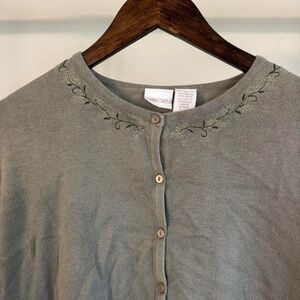 Cherokee Green Cardigan With Floral Embroidery Around Collar Size Large Easter